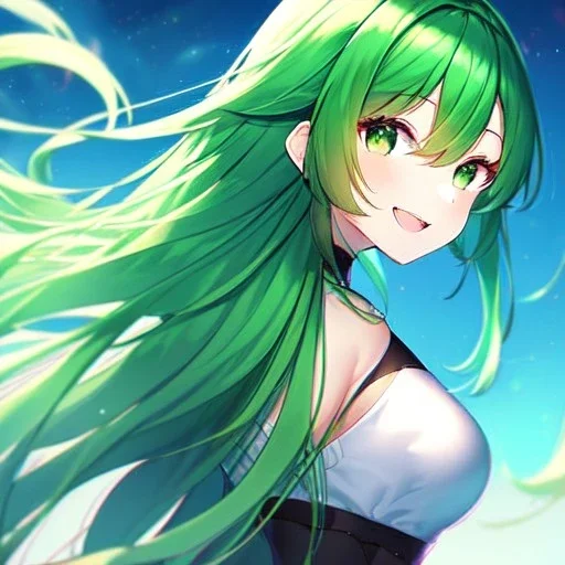 girl, masterpiece, best quality, volumetric lighting, detailed outfit, perfect eyes, green hair, green eyes, long hair, laughing, looking back, black stockings,