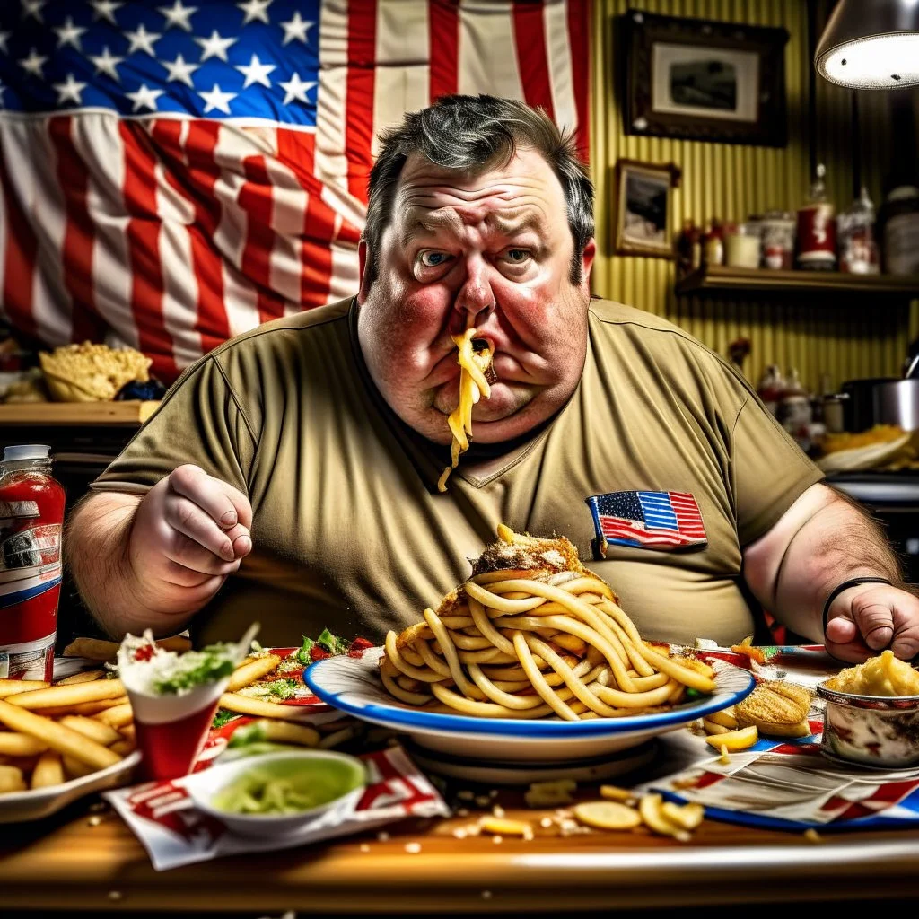 patriotic repulican fat american eating fries in his super messy kitchen HD