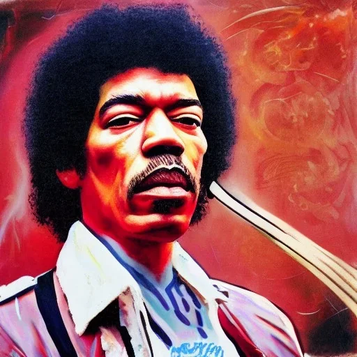 a realistic portrait of Jimi Hendrix at a turntable with headphones on being a DJ, vivid color