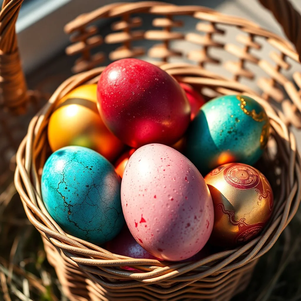 digital photograph of off-center modern basket colorful Easter eggs. eggs display intricate textures in azure, emerald, blush,red, crimson,gold, sapphire,metallic cinematic HDR backlighting highlights subtle dimples and glossy reflections, with shallow depth of field softening the sunlit background. hyperrealistic 8k resolution,