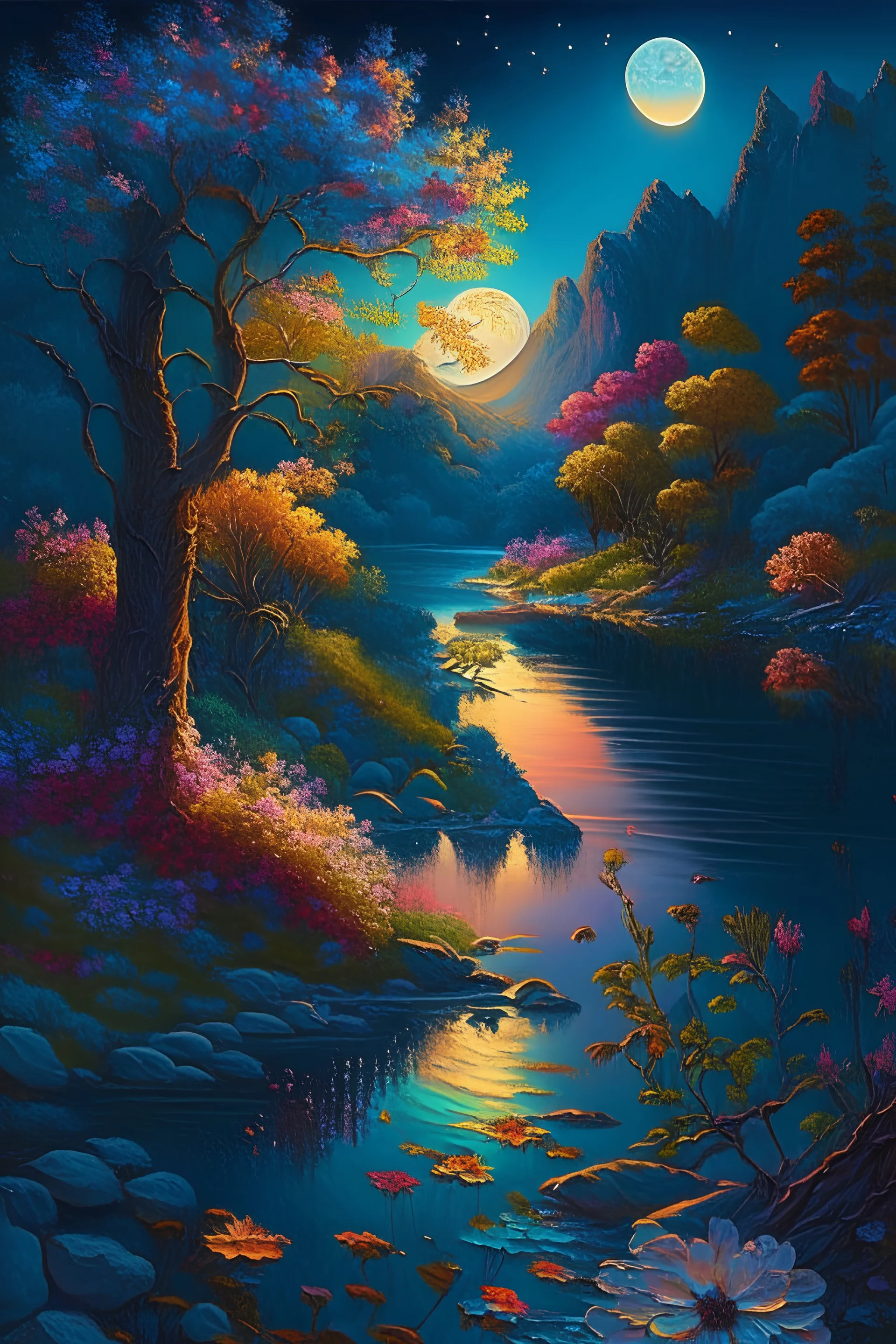 full light,highlight, trees, river, day, sun day, an idyliic forest with bright colorful flowers, mountains, sun,flower, a small river, paradise, heavenly atmosphere in the moonlit night, detailed painting, deep color, fantastucal, intricate details