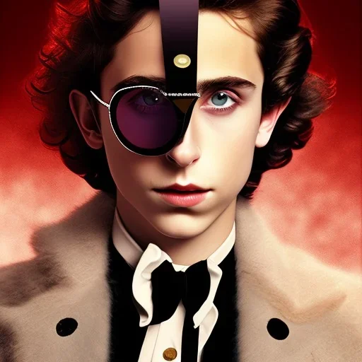 Timothée Chalamet willy wonka, red tinted sunglasses, black top hat, mask