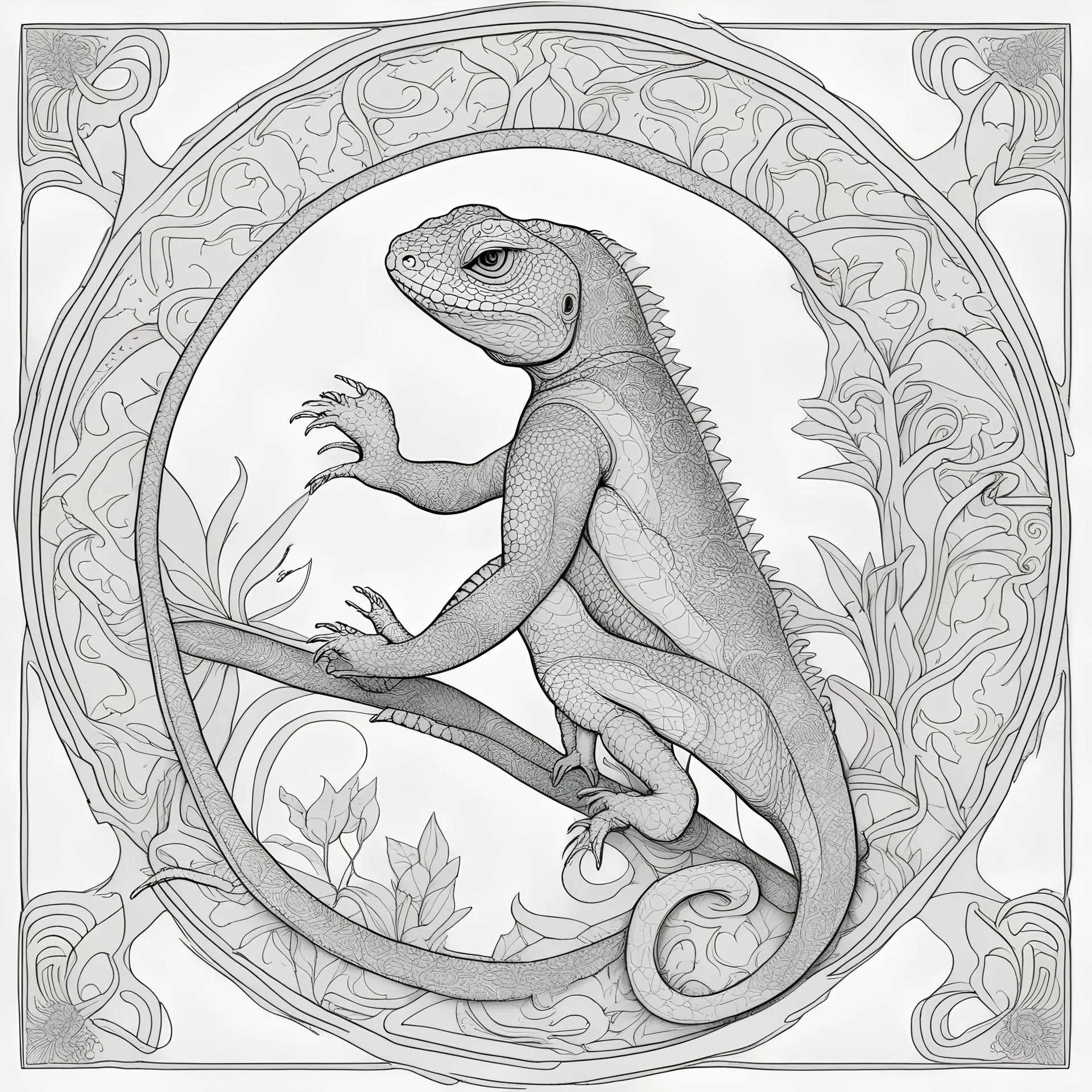 outline art, coloring pages, white Background, Black line, sketch style, only use outline, mandala stile, clean line art, white background, no shadow and clear and well, LIZARD