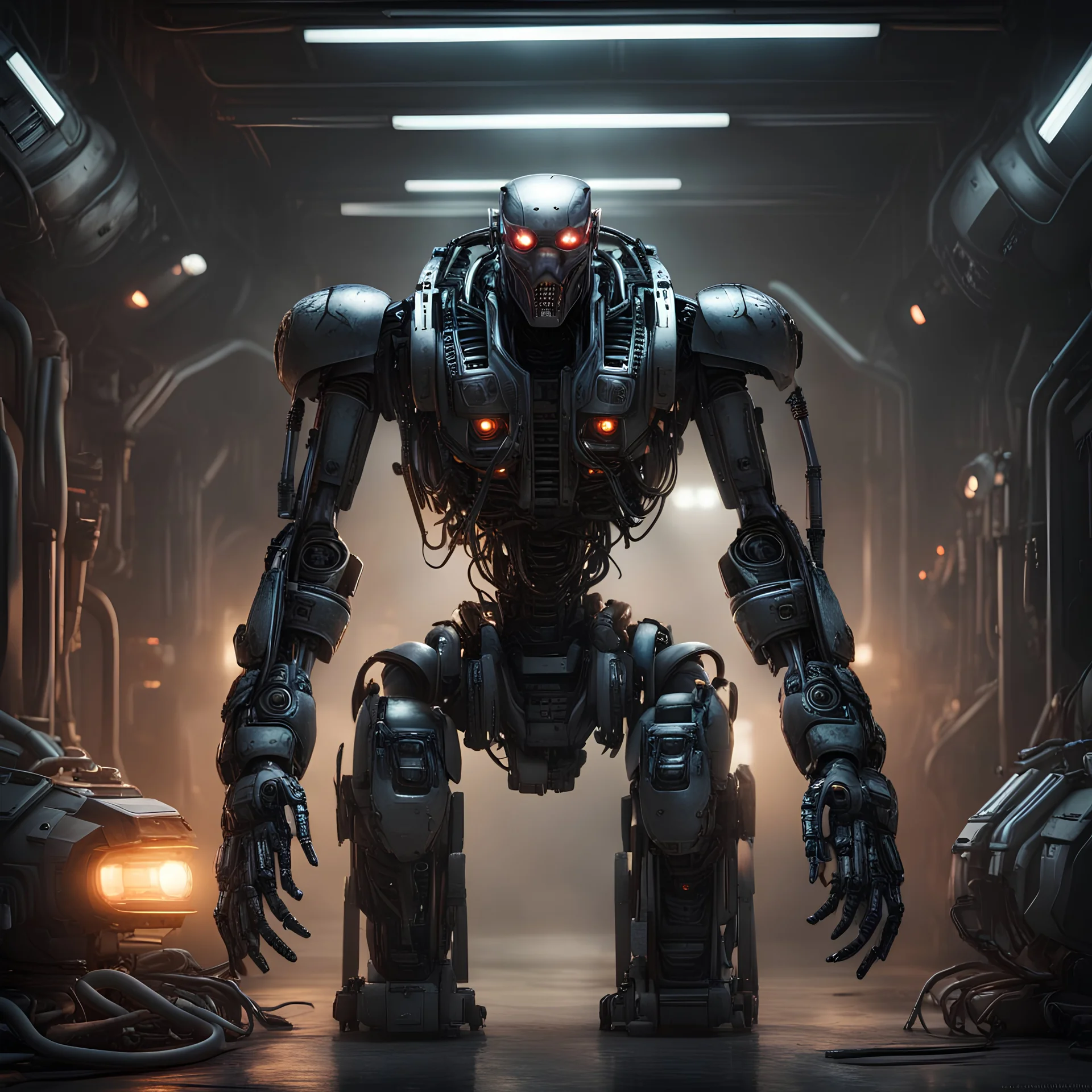 a portrait of an evil combat robot. photorealistic. lots of greebling; little hoses, lights, and weapon systems. terminator, meets predator, meets alien, meets the matrix. the lighting should be dark. like it's approaching you from a dimly lit spaceship corridor