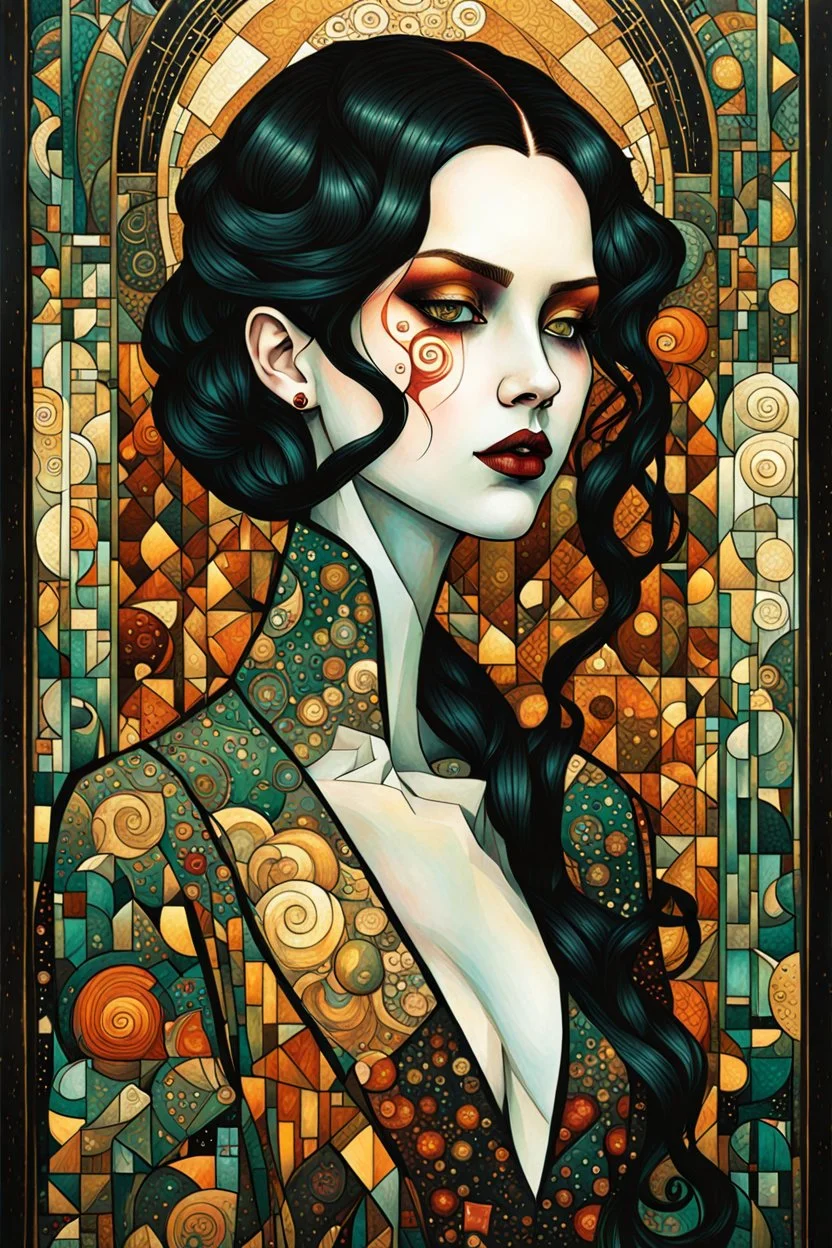 create an abstract, cubist, highly ethereal, darkly magical full body illustration of a deeply sorrowful, savage goth vampire girl with highly detailed and deeply cut facial features, in the style of GUSTAV KLIMT, EDWARD BURNE-JONES, WILLIAM MORRIS, and KATHE KOLLWITZ combined with the comic art style of BILL SIENKIEWICZ and JEAN GIRAUD MOEBIUS, searing lines and forceful strokes, precisely drawn, inked, and darkly colored