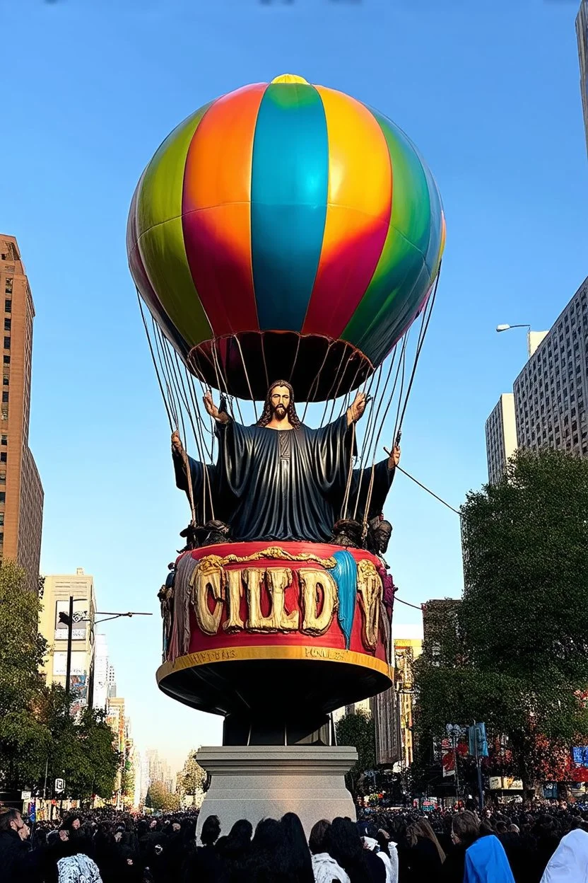 200 ft tall floating cartoonish jesus parade hot air balloon pulled by multiple grim reapers, multi colored, bright, vivid, psychedelic, high detailed, high gloss, insanely detailed, matte, horrorcore, lining the street, unsettling contrast, monument to death, live action shot grim reaper parade, pulling a jesus parade float