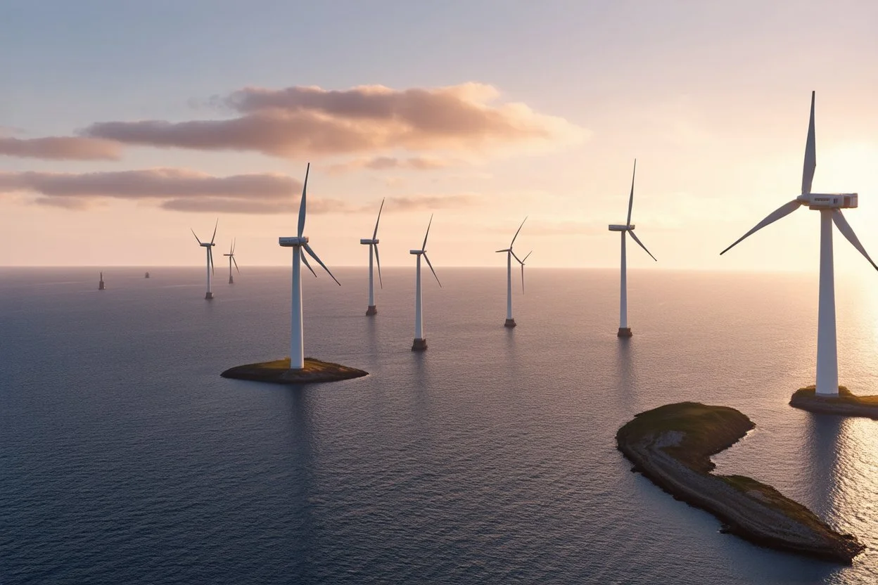 offshore wind farm off the shores of Nantucket, stunning coastline, sunset, photorealistic