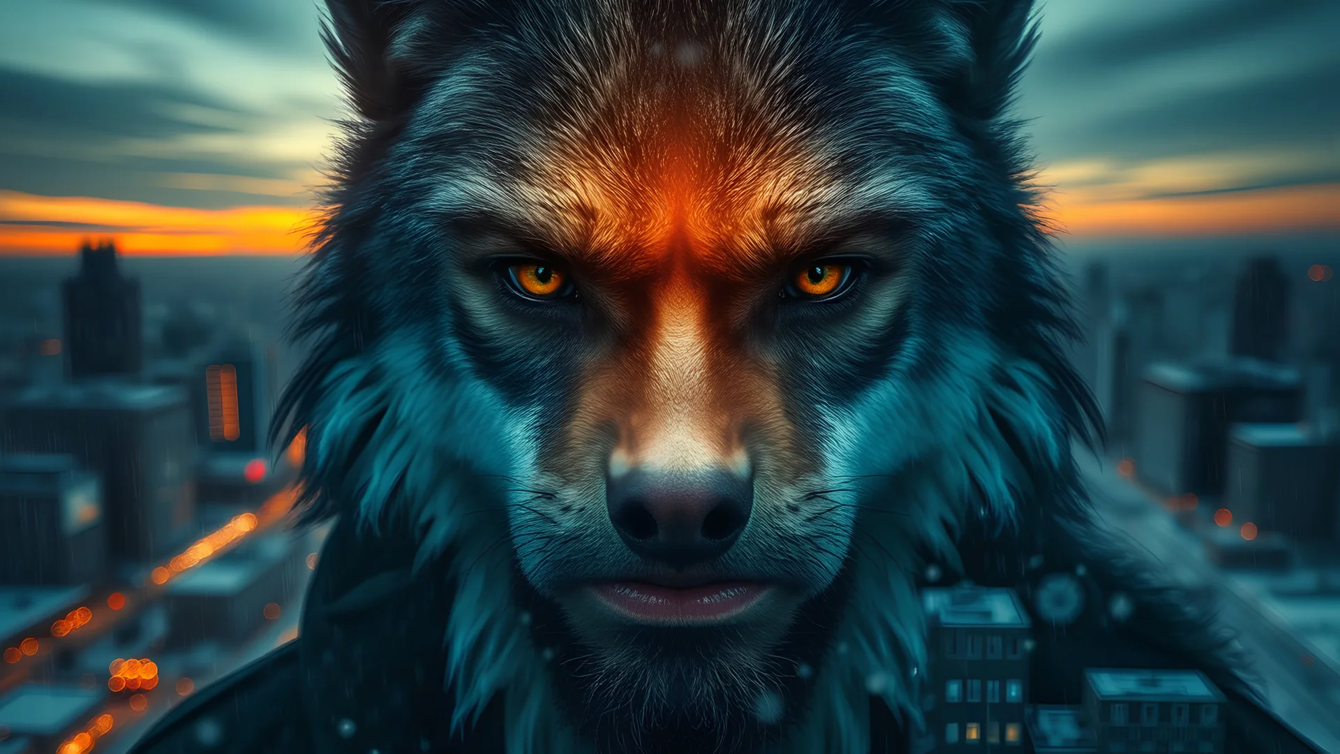 double exposure, portrait Man Wolf blending, city, sunset, snow, rain, fantasy, mystical, tattoo, vertical pupils, high detail, high resolution, 8K