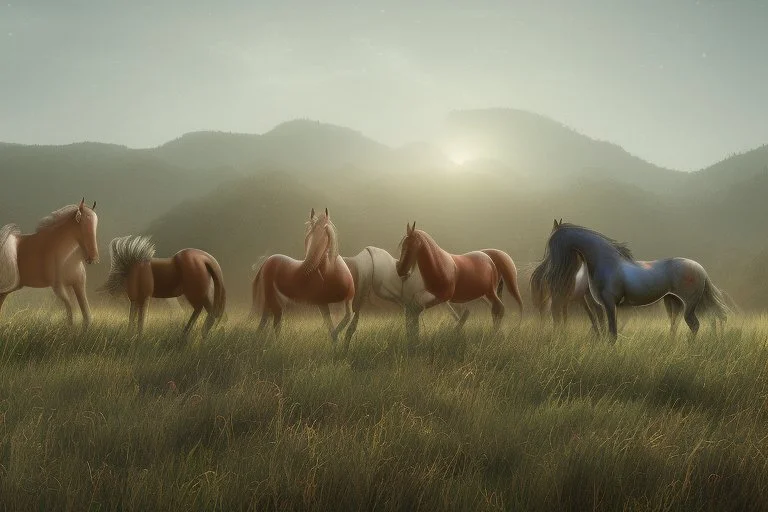 illustration horses of different colors in a field from afar