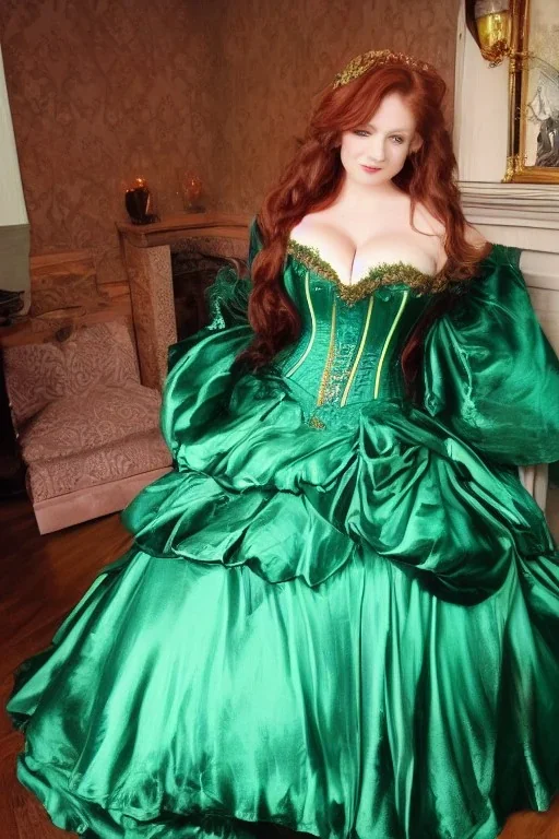 Busty princess full body with long auburn hair green eyes wearing a big dark teal green and gold satin ballgown corset off shoulder top at night