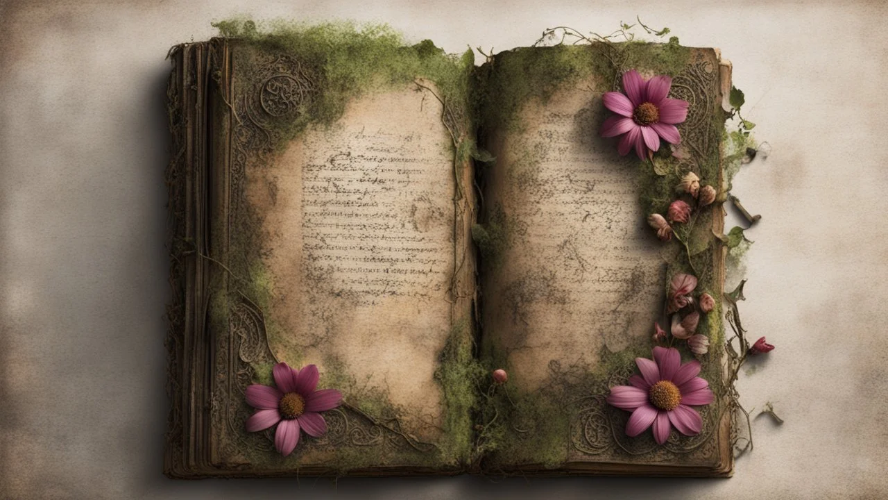 ancient spellbook, cover made from flowers, vines, tattered, loose pages