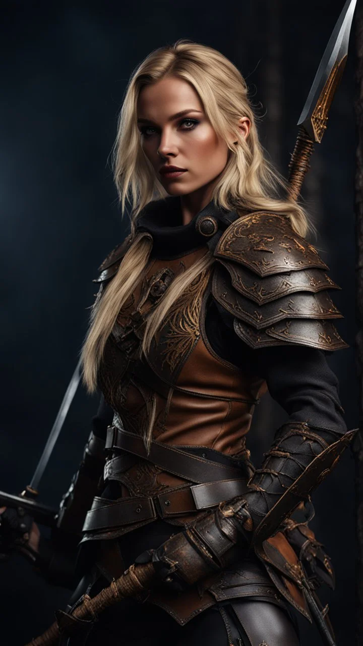 blonde female hunter wearing leather half armour dark fantasy Realistic 4k