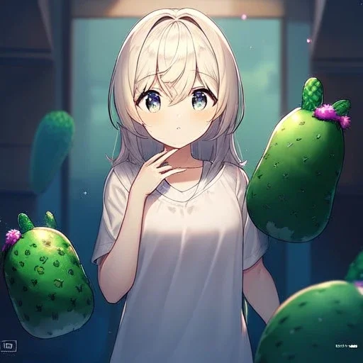 anime girl with a cactus in the dessert, no water