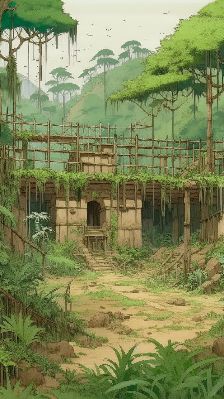 A tan prison in a dry prehistoric jungle painted by Hashimoto Gaho