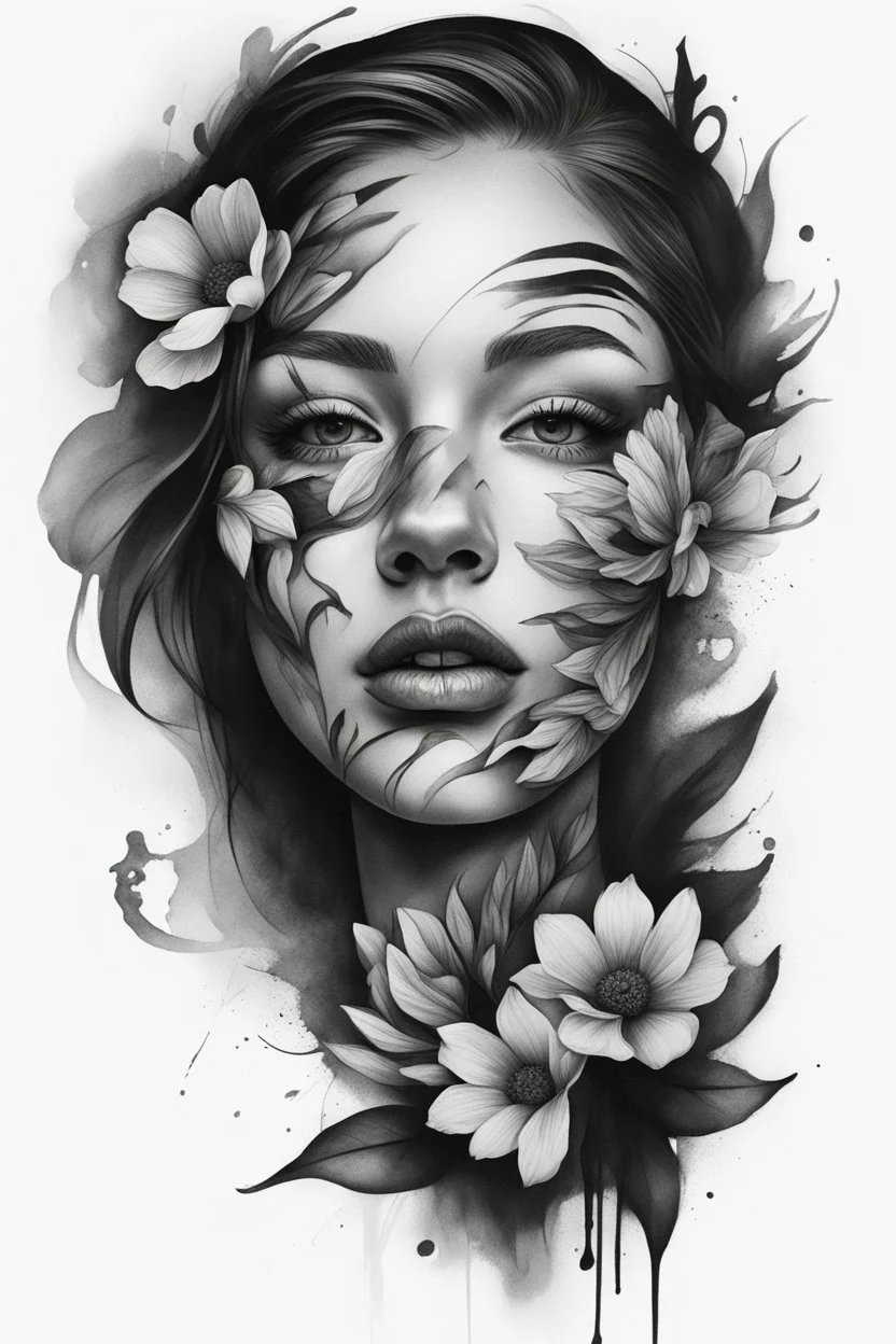 A realistic drawing in negative space black ink on white background of a beautiful flowers with abstract brushstrokes face tattoos to enhance her face max enrist