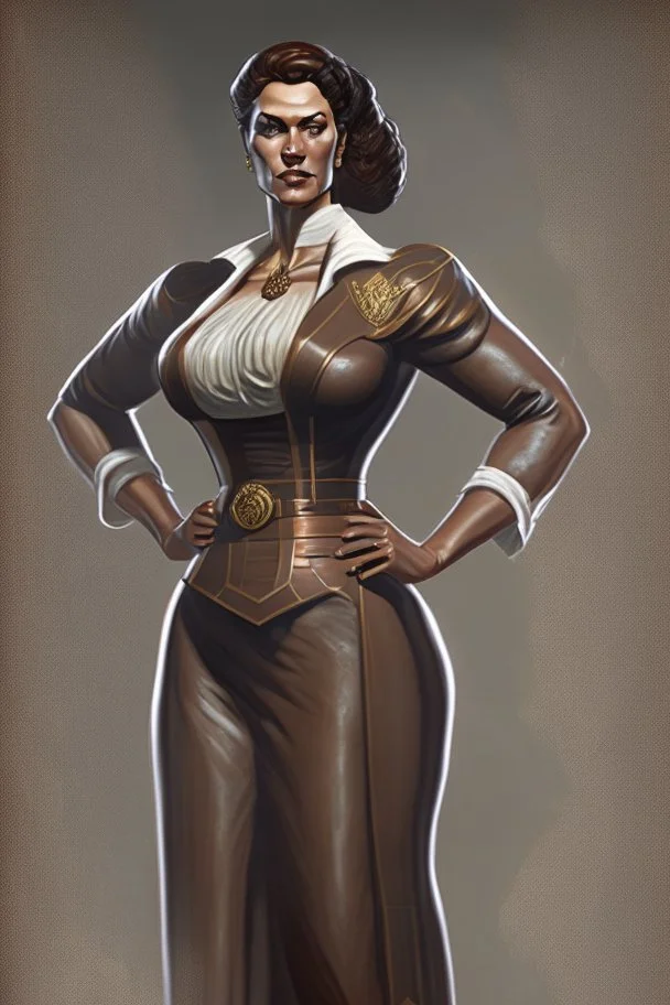 A hyper-realistic concept art of a full body aristocrat woman tall ultra muscular with a hard square face and brown hair wearing a greek senator outfit with hands on her waist, full body, aristocrat woman, tall, ultra muscular, hard square face, brown hair, greek senator outfit, by Jaime Jones, in the style of fantasy realistic art, cinematic and dramatic lighting, fantasy character drawings, realistic drawings, digital art, Highly Intricate Details, high quality,