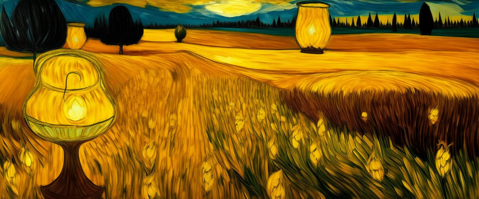 A yellow field with glowing lanterns painted by Vincent van Gogh