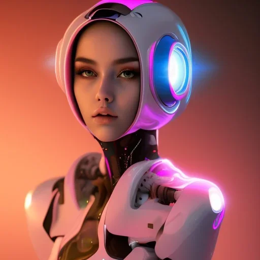 Cute girl in a robotic hijab suit, purple and pink backlight, orange lighting, profile