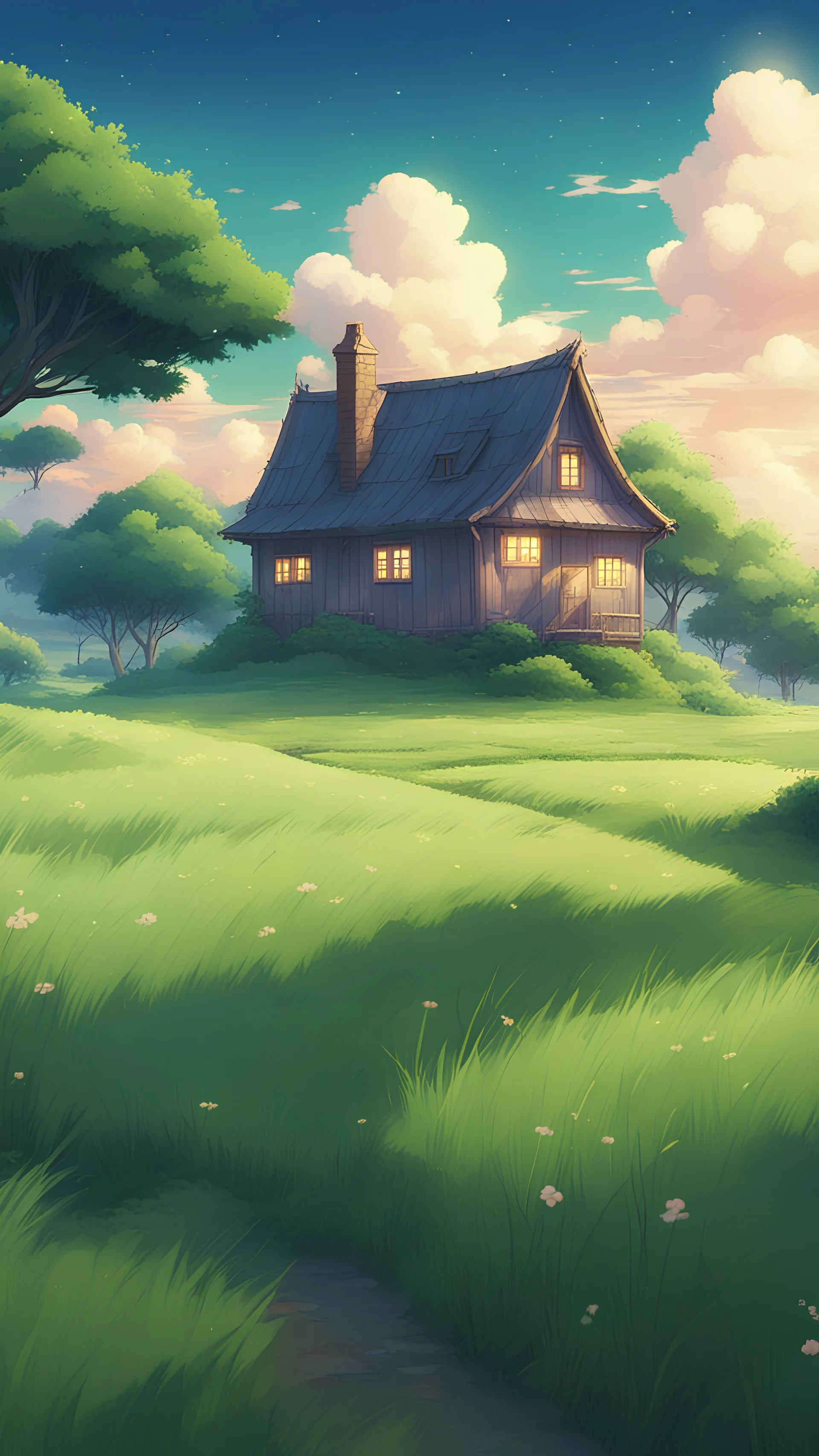 There is a painting of a house on a country road, anime countryside  landscape, beautifull puffy clouds. anime big breast, anime landscape  wallpapers, Anime landscape - SeaArt AI