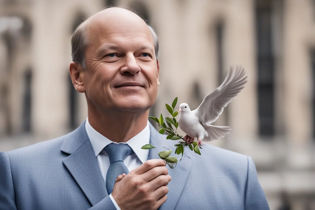 chancellor Olaf Scholz next to a dove, holding an olive branch