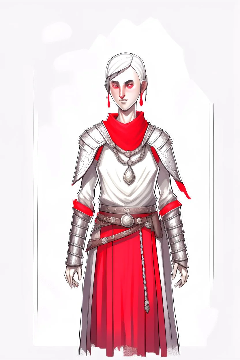 full length, tall, gangly, 22-year old, short haired, nordic looking grey-eyed female human cleric with a red beaded necklace, wearing scale mail