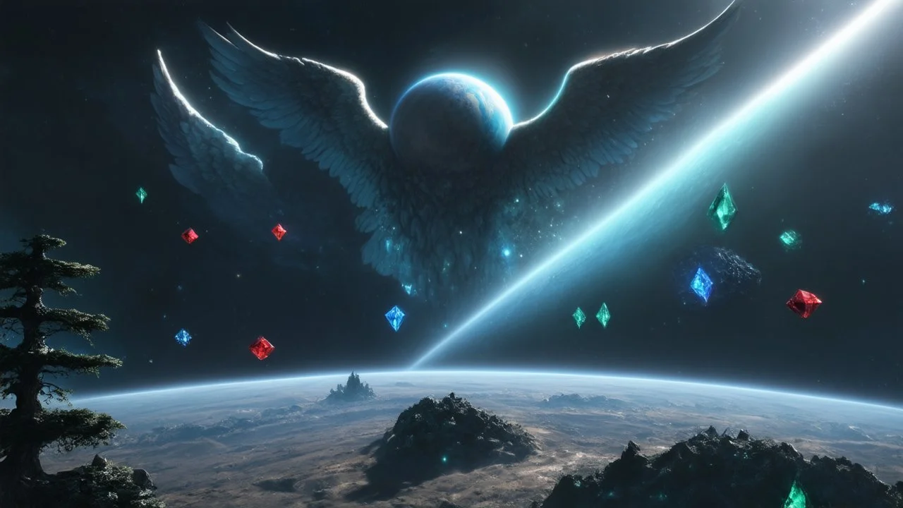 few planets on the back ground. small and large red, blue, and green crystals of tiberium monoliths on the right side, 7 space trees on the left side of the angel. matrix, god creation