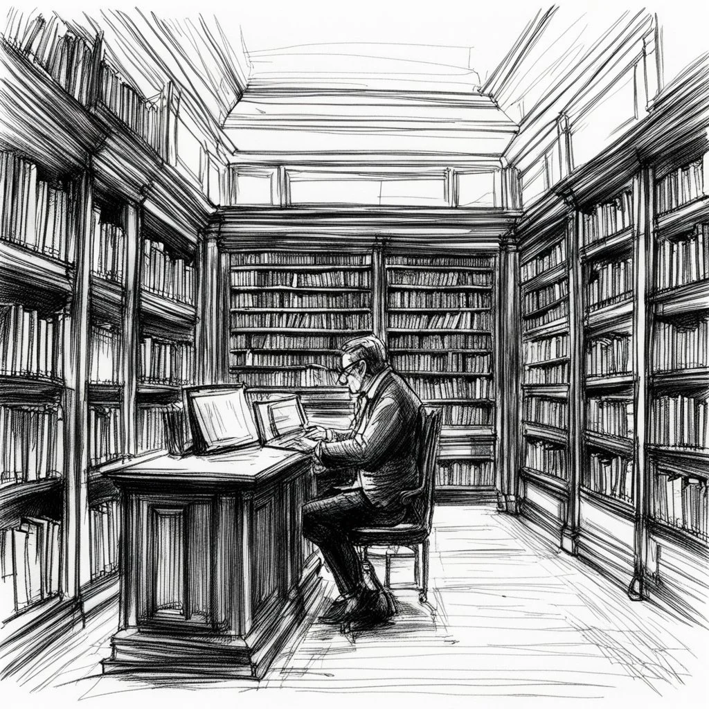 [a pen sketch with a lot of strokes] a man in a library