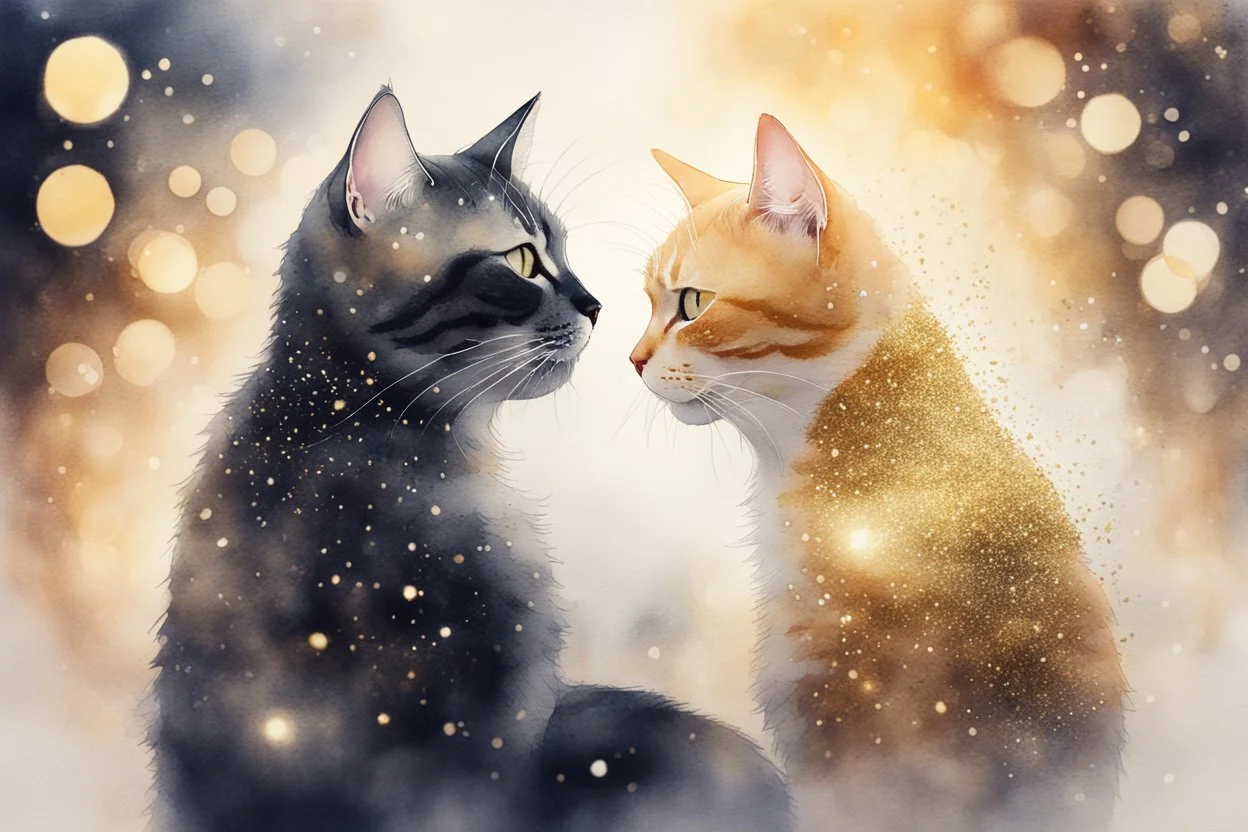 loving cat couple, watercolor and black ink outlines, sparkling golden glitter, ethereal, cinematic postprocessing, bokeh, dof