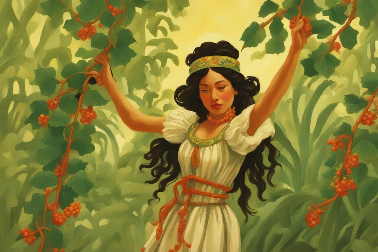 a lush jungle, a woman dressed in embroidered folk costume with a beaded bonnet on her head holding on to a vine with one hand while swinging across and reaching for the next vine with the other, dynamic movement, sunshine