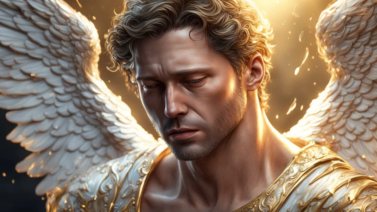 male 35 years old angel, fine rendering, high detail, 8K, bright colors, HD photography, gold, crying, tears