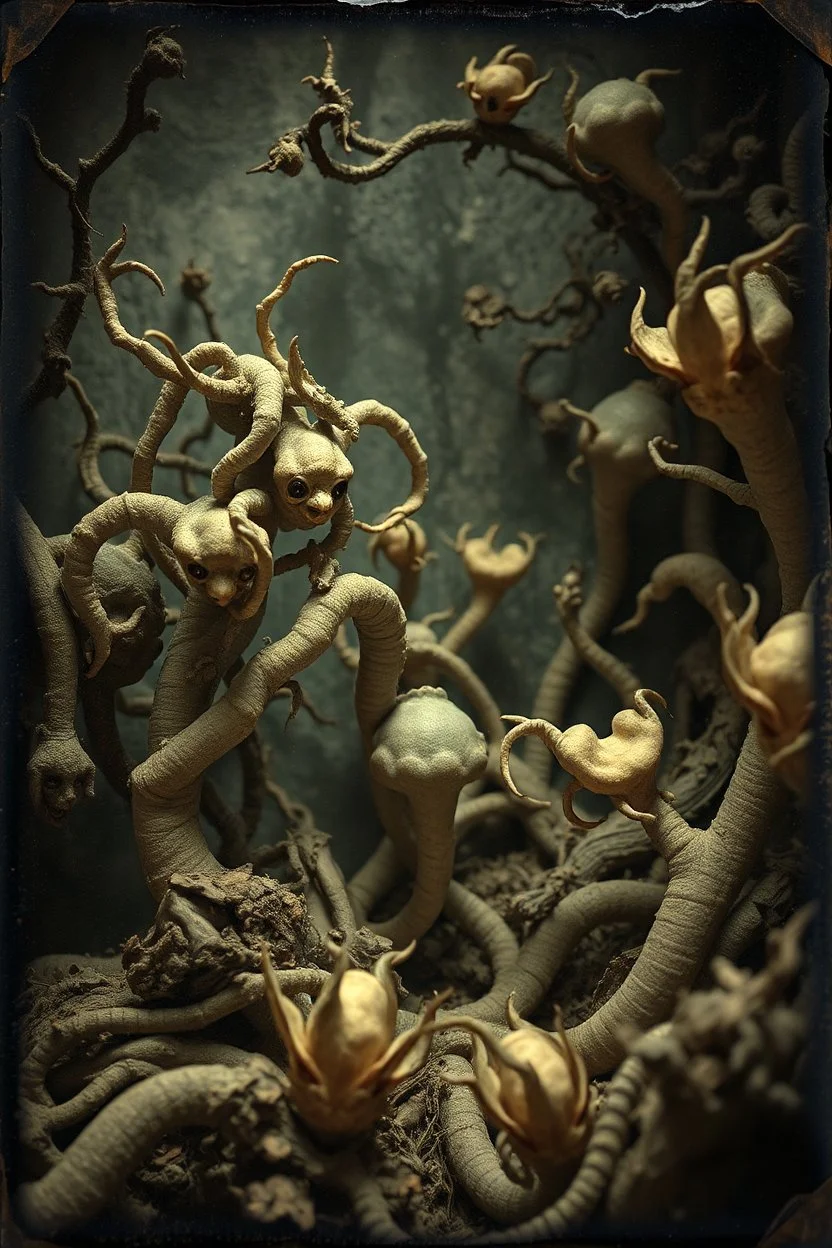 A daguerreotype-style close-up image of a surreal background inspired by Hieronymus Bosch and Max Ernst, featuring twisted organic forms, decaying botanical elements, and strange vegetal growths that seem to pulse with unnatural life. The entire scene is bathed in soft, ambient lighting that creates an otherworldly atmosphere, with areas of deep shadow contrasting against the pale, spectral glow of the figures.