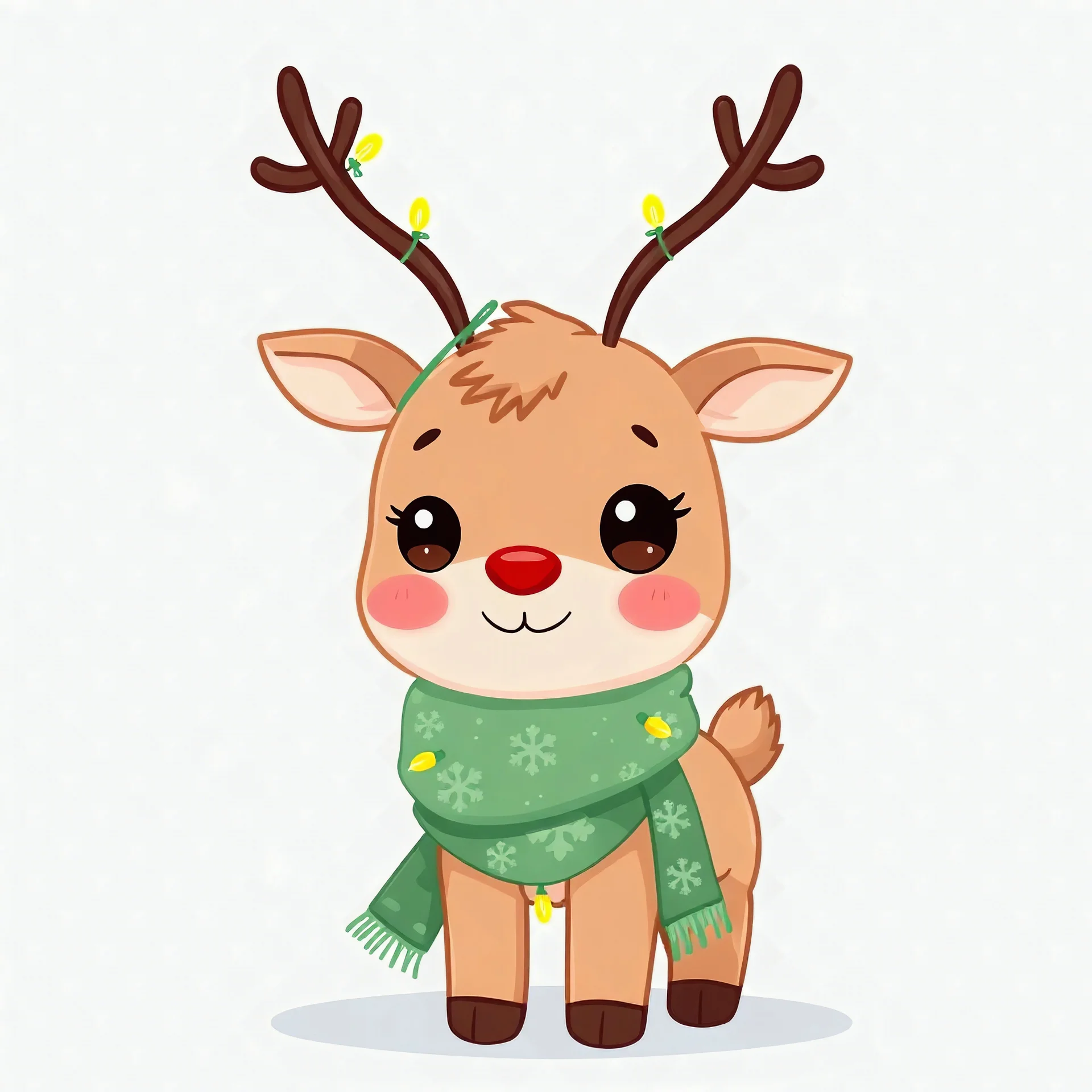 "An adorable chibi reindeer for Christmas, with big round eyes, small antlers, a cute red nose, and a cozy green scarf with snowflake patterns. The reindeer has a friendly, joyful expression and is decorated with tiny Christmas lights wrapped around its antlers. The background is light and minimal, with soft snowflakes and a hint of snowy ground. Vector illustration style, bright colors, simple lines, and holiday spirit."