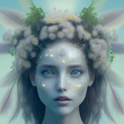 Portrait of beautiful daisy girl, face dept of field,face shining, plant, metal,lens blur,,Unsharp masking, feathers,central weight average,Laplacian filt CWA Dryad,Median filter fae, sidhe, ominous, nature, plants, wildflower sparkle,wildflower 3d view, facepaint, dnd character portrait, intricate, oil on canvas, masterpiece, expert, insanely detailed, 4k resolution, retroanime style, cute big circular reflective eyes, cinematic smooth, intricate detail , soft smooth lighting, soft pastel color