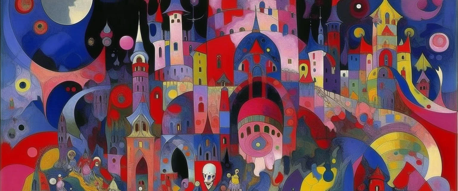 A light purple vampire castle in the underworld painted by Wassily Kandinsky