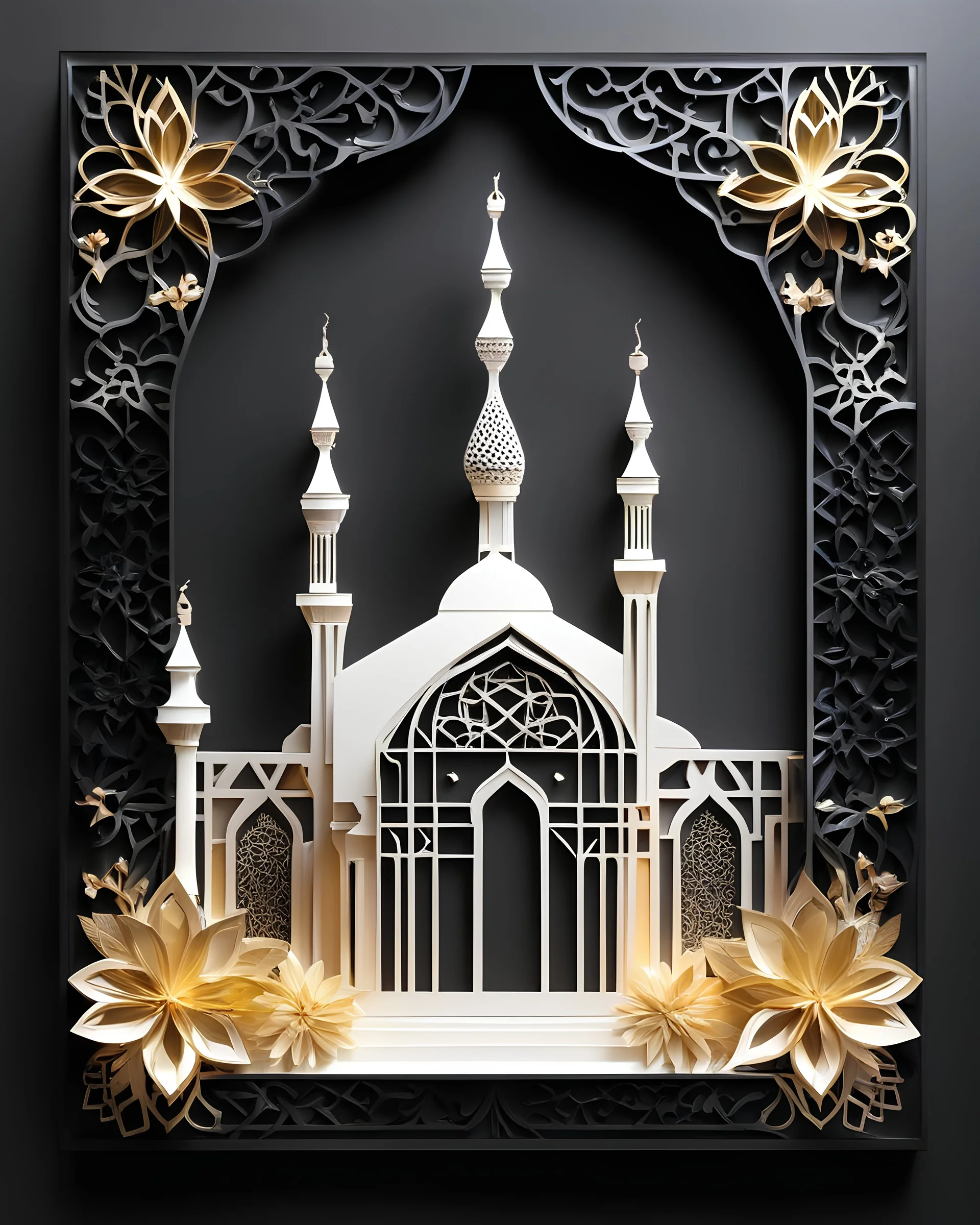 Greeting Card paper crafts abstract 3D shape islamic mosque,blank foto frame, foliage and flowers incorporated, light emitting, black background