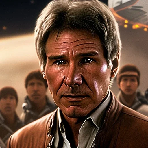 8k hyperspace background,complete and photo realistic detailed head to waist stunning, extrem photo realistic portrait of harrison ford as han solo in star wars with short lenght, photo realistic hair, brown eyes, professional majestic photo realistic painting by drew struzan, trending on artstation, Intricate, Sharp focus, rough skin,space outfit