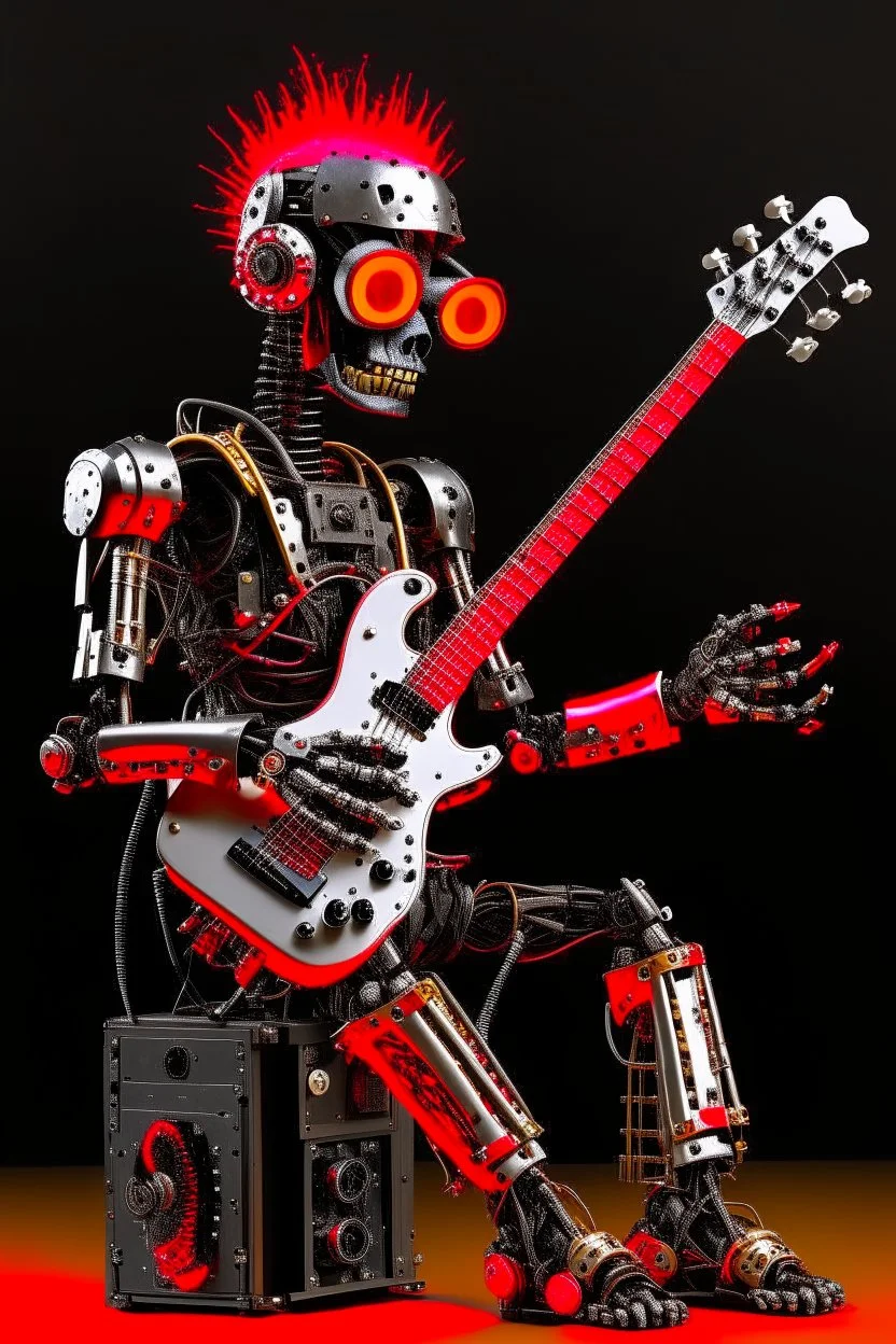 Firestarter robot hardrock with a guitar. Robot kind terminator. Seems angry against humans.