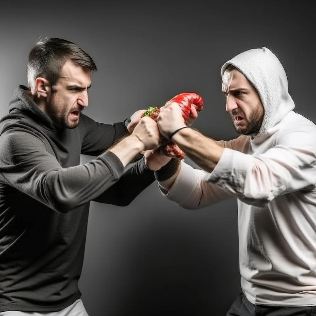 two mens fighting with fists about a kebab