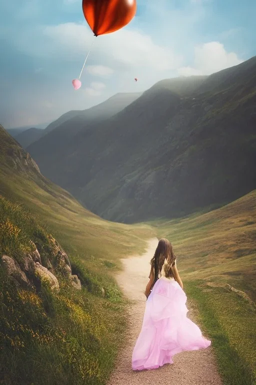 A beautiful girl walking along a mountain path, walking against the wind with balloons in her hand. nature, HD photography, Galen Rowell, David Muench, perfect composition, gloss, hyperrealism