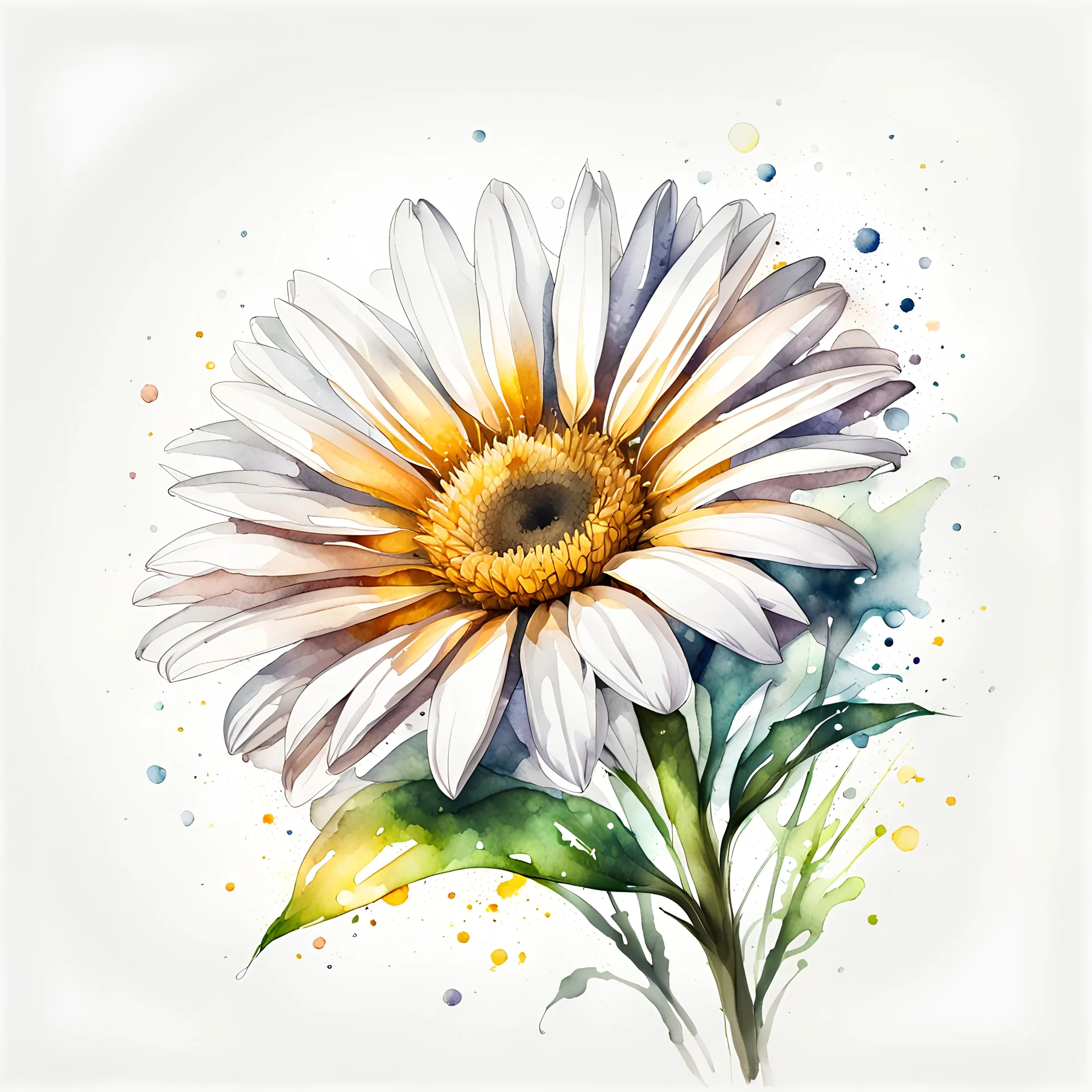 watercolor drawing of a daisy flower on a white background, Trending on Artstation, {creative commons}, fanart, AIart, {Woolitize}, by Charlie Bowater, Illustration, Color Grading, Filmic, Nikon D750, Brenizer Method, Perspective, Depth of Field, Field of View, F/2.8, Lens Flare, Tonal Colors, 8K, Full-HD, ProPhoto RGB, Perfectionism, Rim Lighting, Natural Lighting, Soft Lig