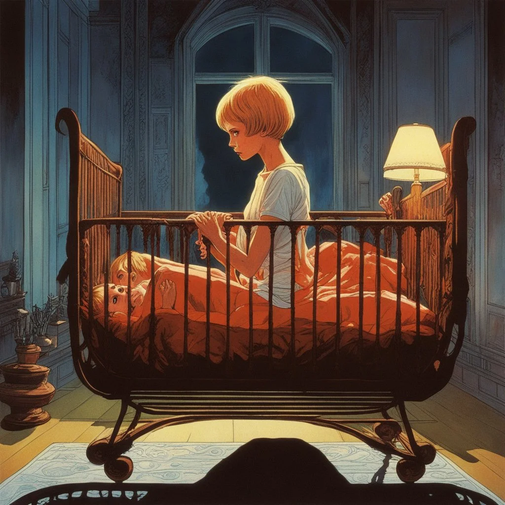 Shorthaired young Mia Farrow in "Rosemary's Baby" rocking crib in a surreal expansive hellish fiery demon infested background, cartoon Marvel Poster art, by Drew Struzan, by John Romita Jr., by Zdzislaw Beksinski, by Wes Benscoter, expansive, hyperdetailed, cinematic lighting, epic masterpiece, psychedelic 70's anime horror aesthetic.