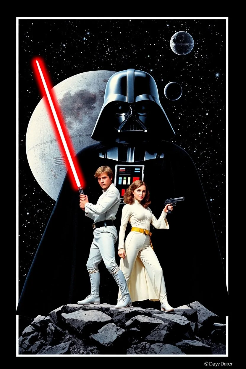 black background onto which the outline of darth vader standing filled with stars nebula and the Death Star is large within, in front in poses from the original star wars posters is Luke Skywalker with lightsaber and Princess Leia Organa with pistol both in white clothing atop crumbling stone