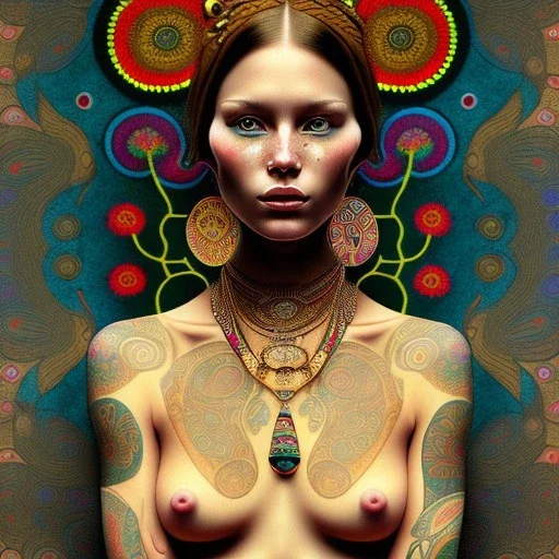 retrato de mujer tribal bella con tatuajes con estilo de Gustav Klimt