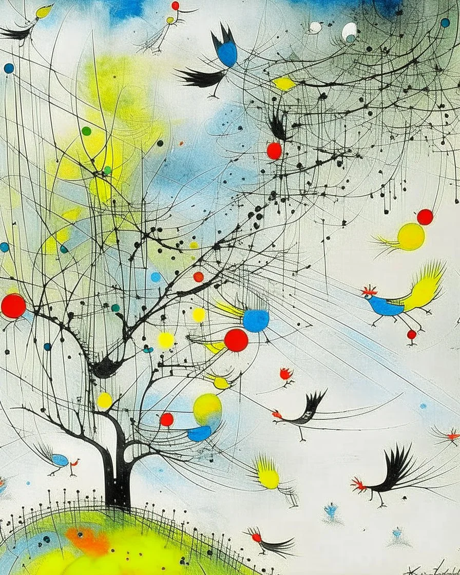 White foggy treetops with birds painted by Wassily Kandinsky