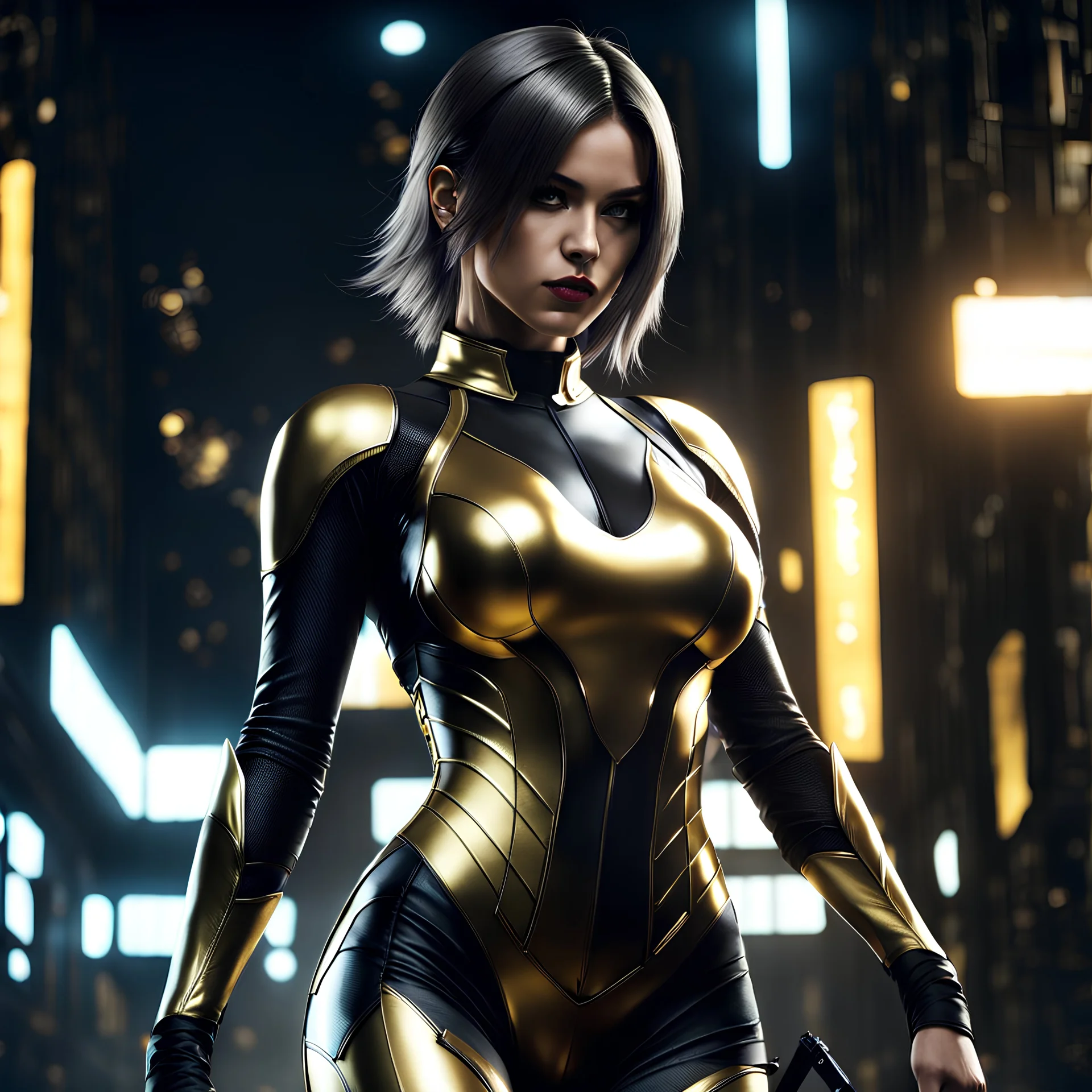 female assassin in a tight gold bodysuit, in 8k nier automata drawing style, venom theme, cinematic mood, stealthy, mysterious, haunting, dystopian, hidden in shadows, enigmatic, desolate, cyberpunk, eerie