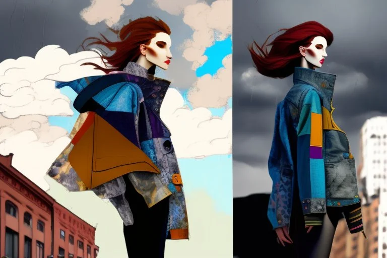 whimsical arafed nonsense, patchwork vibe, (((side view))) two arafed storm clouds fighting each other in a rainy whimsical downtown street with extreme body action and with (((exaggerated body parts))), (((oversize head))), sharp color contrasts, amazing shadows, (((exaggerated limbs and head))), minimal cozy, warm palette, bright bold warm summer colors with yellow orange black colors, color leak, heavily distorted views, amazing parallels, extreme urban decay