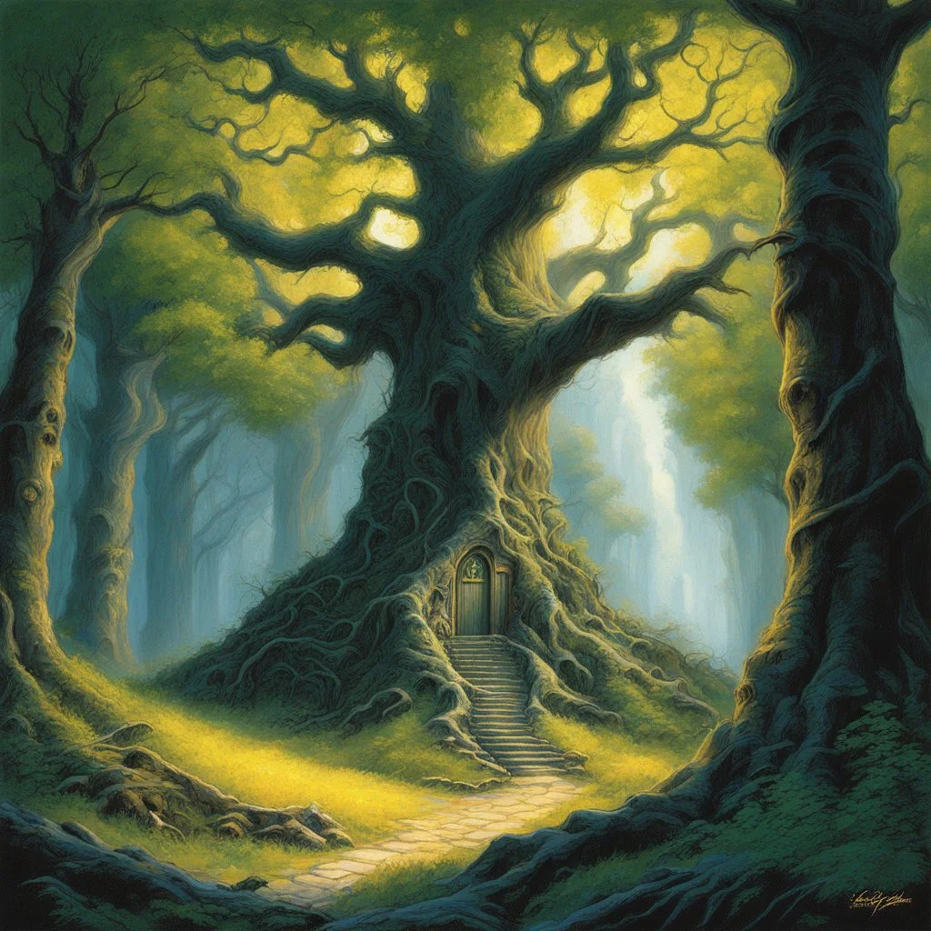 (illustration by Jeff Easley) The trees that were once living and breathing are now nothing more than brittle, jagged structures, their skeletal forms thrusting up like the remnants of some ancient, long-buried city. Their bark is gone, reduced to mineralized plates layered over one another like scales. Above, where leaves once shook in the wind, chandeliers of calcified resin hang like inverted stalactites, dripping slow trails of glowing mineral onto the ground. A sound—distant, unnatural—echo
