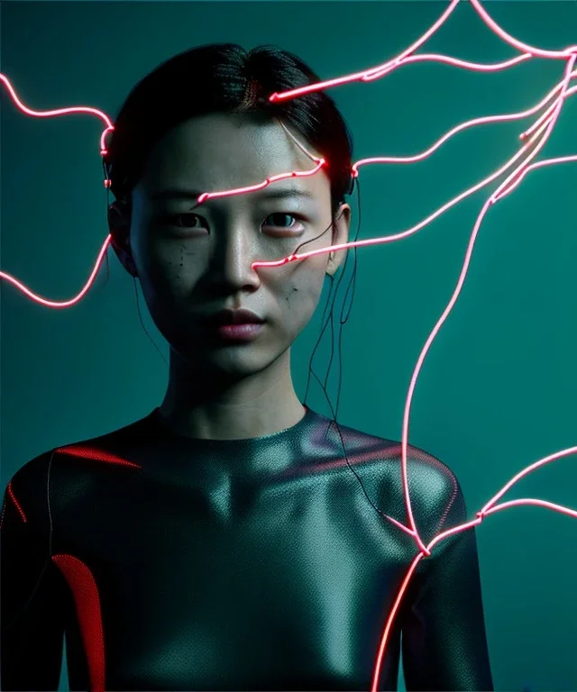 Ultra realistic photographic night portrait, cinematic, <3 Asian woman> <hanging wires> <retro computer screen> many wires coming out of the head <perfect pupil> <cyborg arm> <garage> <wide angle Shot> <sci-fi futuristic> <thriller>, neon lights, color fog, soft color, highly detailed, unreal engine 5, ray tracing, RTX, lumen lighting, ultra detail, volumetric lighting, high definition.