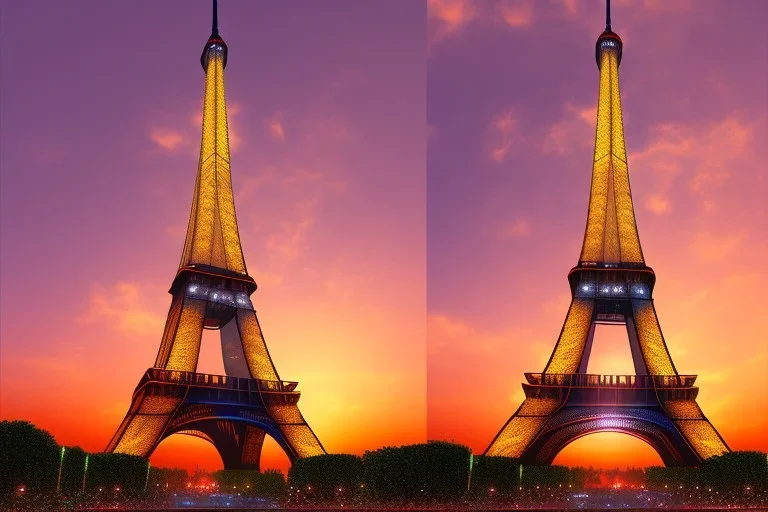 Eiffel tower made from glass , sunset , year 2500