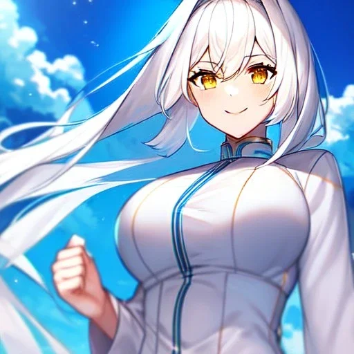 Clear focus, 8k, high quality, detailed, beautiful lighting, vibrant colors, white hair, vibrant golden eyes, girl, angry, smile, in mid sky, sky background